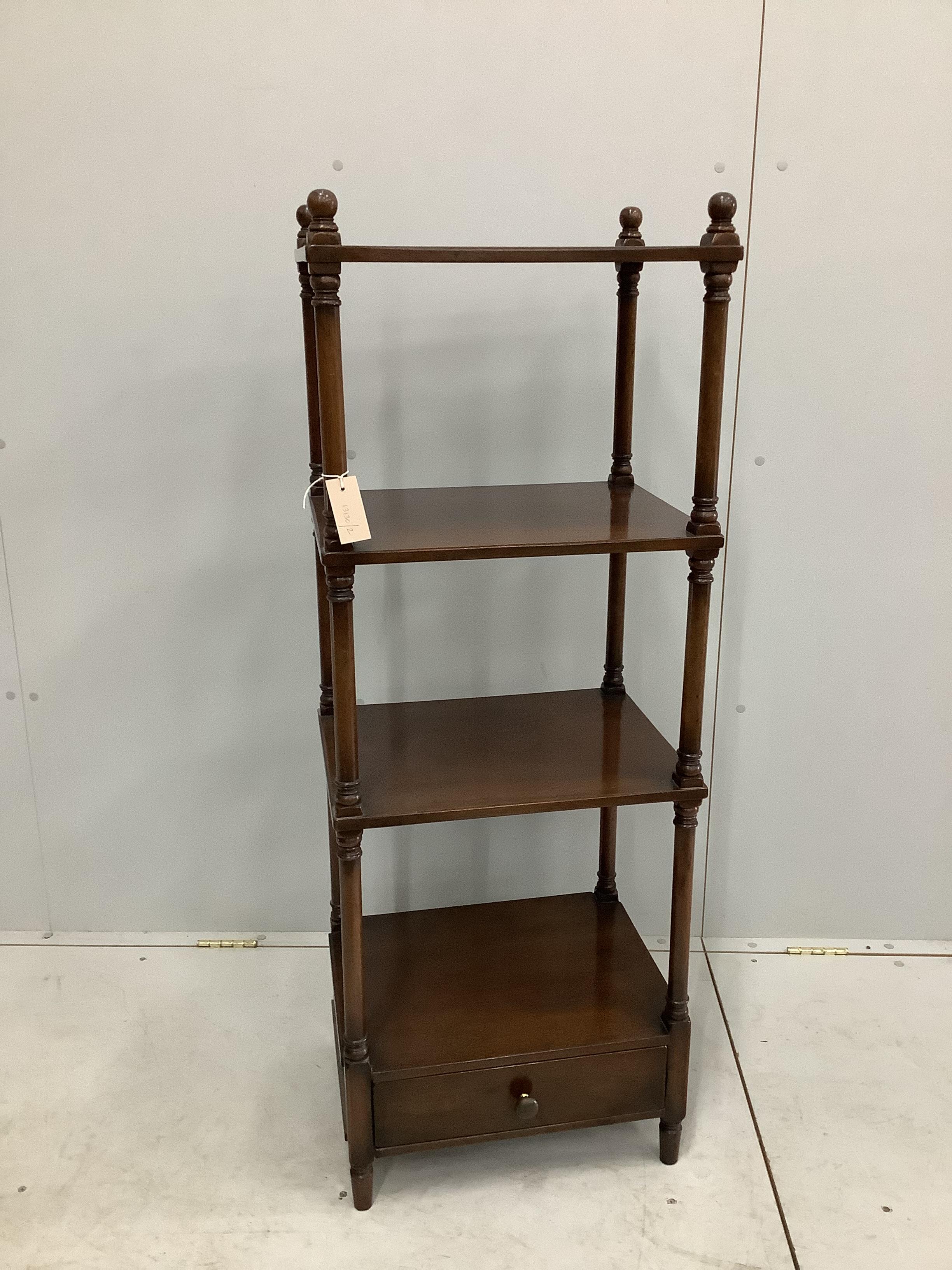 A reproduction mahogany four tier whatnot, width 46cm, depth 36cm, height 126cm